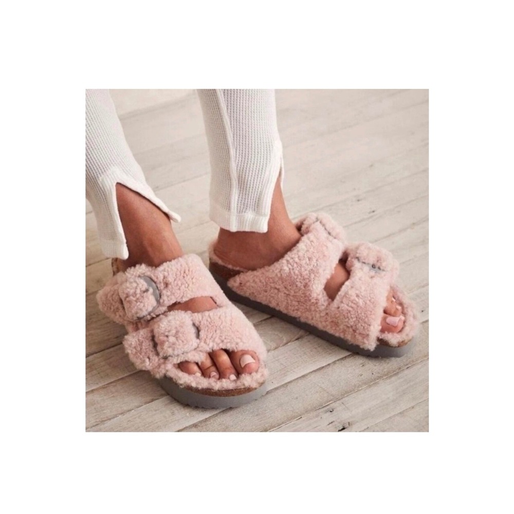 Papillio Birkenstock Arizona Sandals Women 38 L7 Pink Teddy Shearling Platform